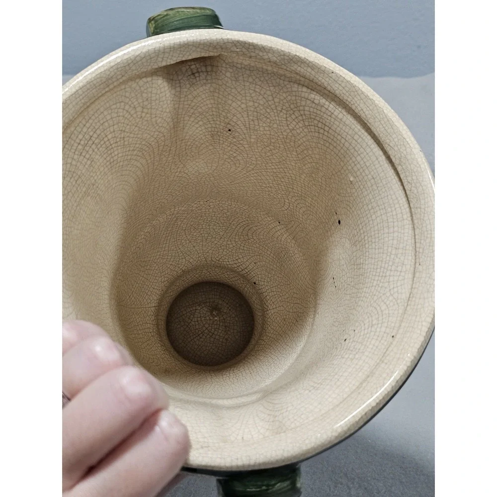 Vintage Tropical Palm Tree Ceramic Vase Crackle Glaze Urn Green Scrolled Handles